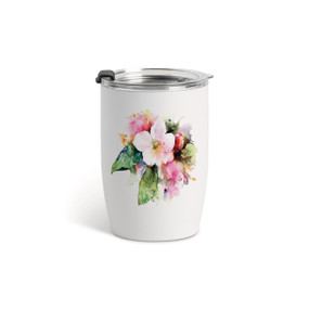 A white tumbler with a clear plastic lid and a watercolor image of an apple blossom flower on the front.
