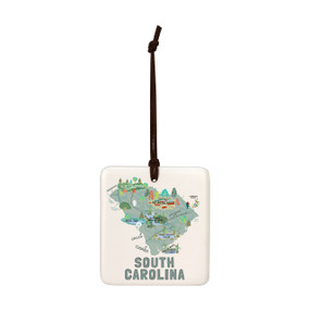 A square cream hanging tile magnet ornament with a map illustration of South Carolina with landmarks and cities.