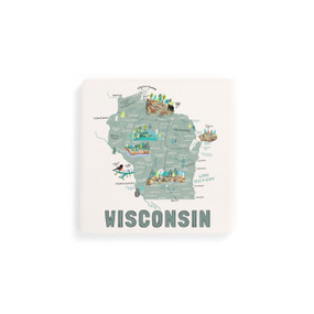 A set of four white square coasters with a map illustration of Wisconsin with famous landmarks and cities.