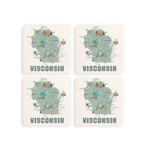 A set of four white square coasters with a map illustration of Wisconsin with famous landmarks and cities.
