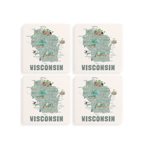 A set of four white square coasters with a map illustration of Wisconsin with famous landmarks and cities.