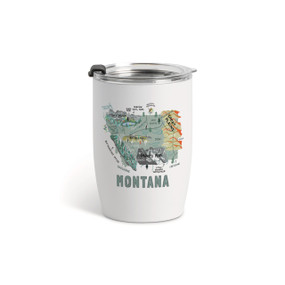 A white tumbler with a clear plastic lid and a map illustration of Montana with landmarks and cities.