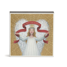 A square wall art of an illustrated white angel holding a red banner with the saying "Peace On Earth".
