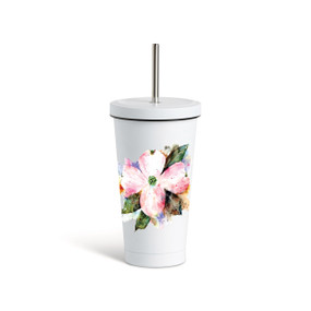 A white tumbler with a white lid and metal straw that has a watercolor image of an American dogwood flower on the front.