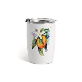 A white tumbler with a clear plastic lid and a watercolor image of an orange blossom on the front.
