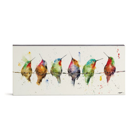 A watercolor wall art of six different hummingbirds on a wire.