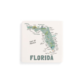 A set of four white square coasters with a map illustration of Florida with famous landmarks and cities.