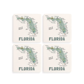 A set of four white square coasters with a map illustration of Florida with famous landmarks and cities.