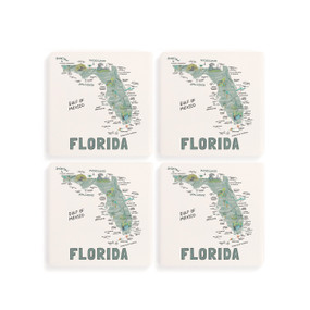 A set of four white square coasters with a map illustration of Florida with famous landmarks and cities.
