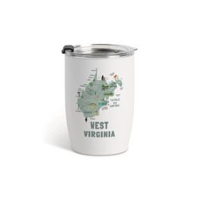A white tumbler with a clear plastic lid and a map illustration of West Virginia with landmarks and cities.