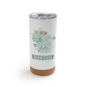 A white cork bottom tumbler with a graphic map image of Wisconsin and illustrations of famous locations and cities.