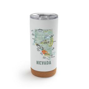 A white cork bottom tumbler with a graphic map image of Nevada and illustrations of famous locations and cities.