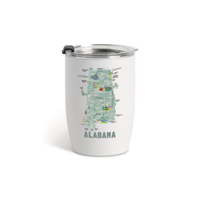A white tumbler with a clear plastic lid and a map illustration of Alabama with landmarks and cities.