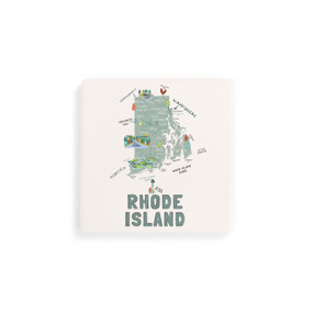 A set of four white square coasters with a map illustration of Rhode Island with famous landmarks and cities.