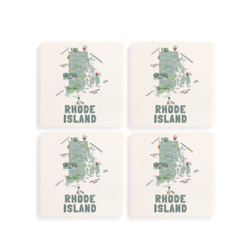A set of four white square coasters with a map illustration of Rhode Island with famous landmarks and cities.