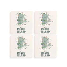 A set of four white square coasters with a map illustration of Rhode Island with famous landmarks and cities.