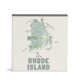 A white square wall art with an illustrated map of Rhode Island with landmarks and cities.