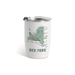 A white tumbler with a clear plastic lid and a map illustration of New York with landmarks and cities.