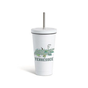 A white tumbler with a white lid and metal straw with a map illustration of Tennessee with landmarks and cities.