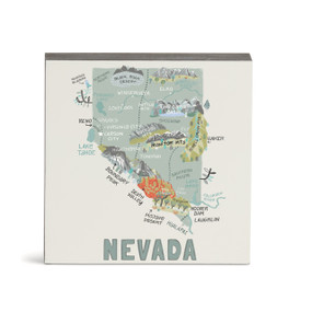A white square wall art with an illustrated map of Nevada with landmarks and cities.