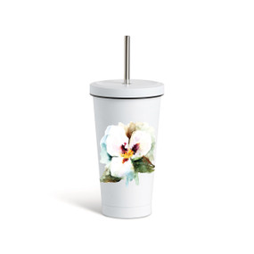 A white tumbler with a white lid and metal straw that has a watercolor image of a white Sego Lily on the front.
