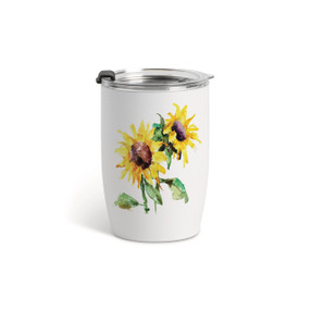 A white tumbler with a clear plastic lid and a watercolor image of a yellow sunflower on the front.