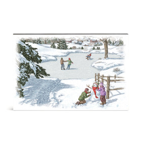 A rectangular wall art illustration of a snowy scene with people skating on a frozen lake.