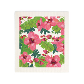 A biodegradable dish cloth with the image of pink tropical flowers on it.