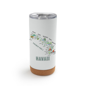 A white cork bottom tumbler with a graphic map image of Hawaii and illustrations of famous locations and cities.