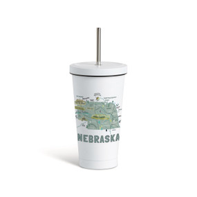 A white tumbler with a white lid and metal straw with a map illustration of Nebraska with landmarks and cities.