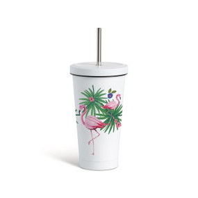 A white tumbler with a white lid and metal straw that has pink flamingos and tropical flowers around the glass.