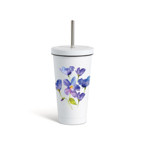 A white tumbler with a white lid and metal straw that has a watercolor image of violet flowers on the front.