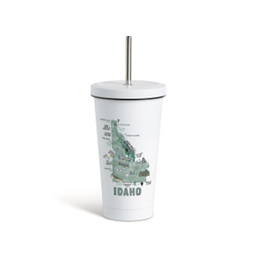 A white tumbler with a white lid and metal straw with a map illustration of Idaho with landmarks and cities.