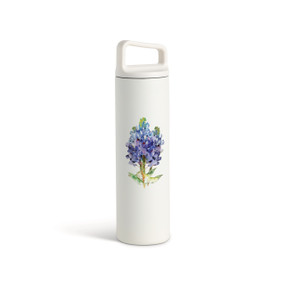 A white water bottle with a screw top handled lid. The front has a watercolor image of a bluebonnet flower.