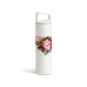 A white water bottle with a screw top handled lid. The front has a watercolor image of a pink bitterroot flower.