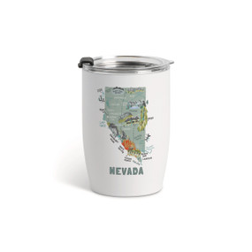 A white tumbler with a clear plastic lid and a map illustration of Nevada with landmarks and cities.