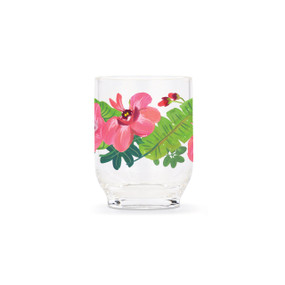A clear acrylic tumbler with pink tropical flowers around the glass.
