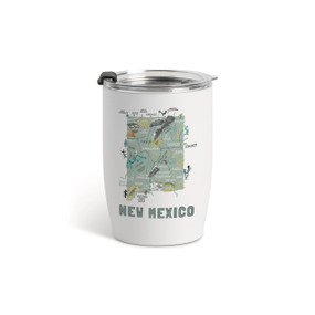 A white tumbler with a clear plastic lid and a map illustration of New Mexico with landmarks and cities.