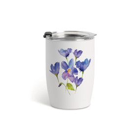 A white tumbler with a clear plastic lid and a watercolor image of a purple violet on the front.