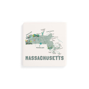 A set of four white square coasters with a map illustration of Massachusetts with famous landmarks and cities.