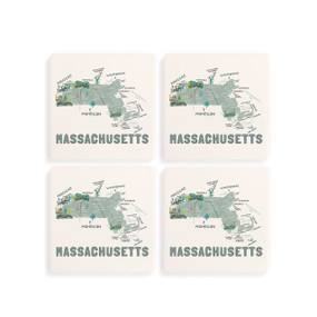 A set of four white square coasters with a map illustration of Massachusetts with famous landmarks and cities.
