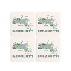 A set of four white square coasters with a map illustration of Massachusetts with famous landmarks and cities.