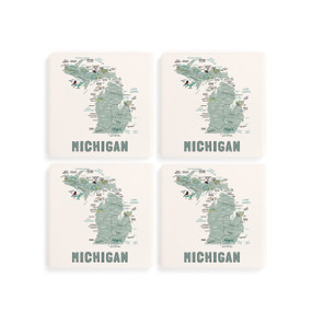 A set of four white square coasters with a map illustration of Michigan with famous landmarks and cities.
