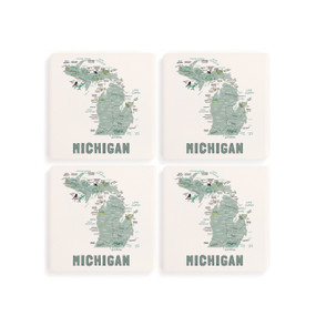 A set of four white square coasters with a map illustration of Michigan with famous landmarks and cities.