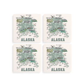 A set of four white square coasters with a map illustration of Alaska with famous landmarks and cities.