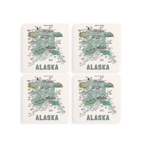 A set of four white square coasters with a map illustration of Alaska with famous landmarks and cities.
