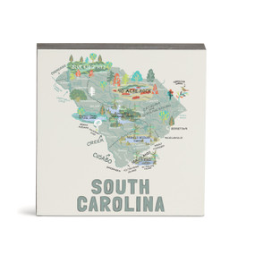 A white square wall art with an illustrated map of South Carolina with landmarks and cities.