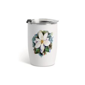 A white tumbler with a clear plastic lid and a watercolor image of a white magnolia flower on the front.