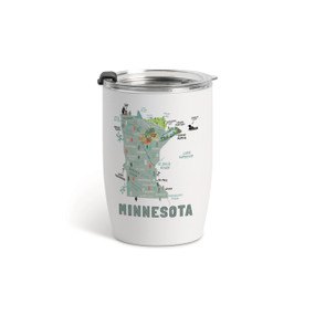 A white tumbler with a clear plastic lid and a map illustration of Minnesota with landmarks and cities.