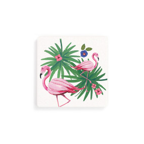 A set of four square coasters with pink flamingos and tropical flowers on them.
